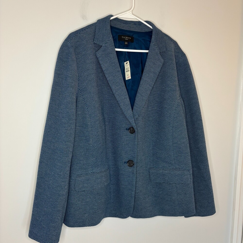 TALBOTS NEW Two-Button Textured Blazer Women 20W Blue White Pockets Notch Collar